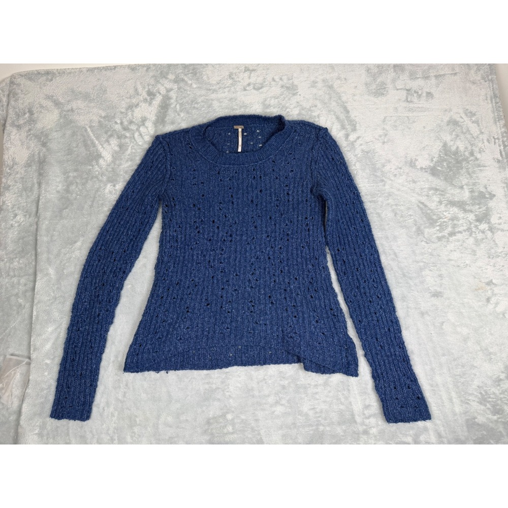 Free People Blue Pointelle Open Knit Long Sleeve Crew Neck Sweater XS